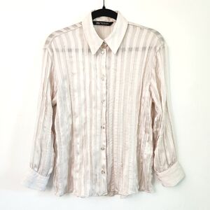 Zara Cream Beige Sheer Satin Stripe Buttondown Wrinkle Look Buttondown Shirt